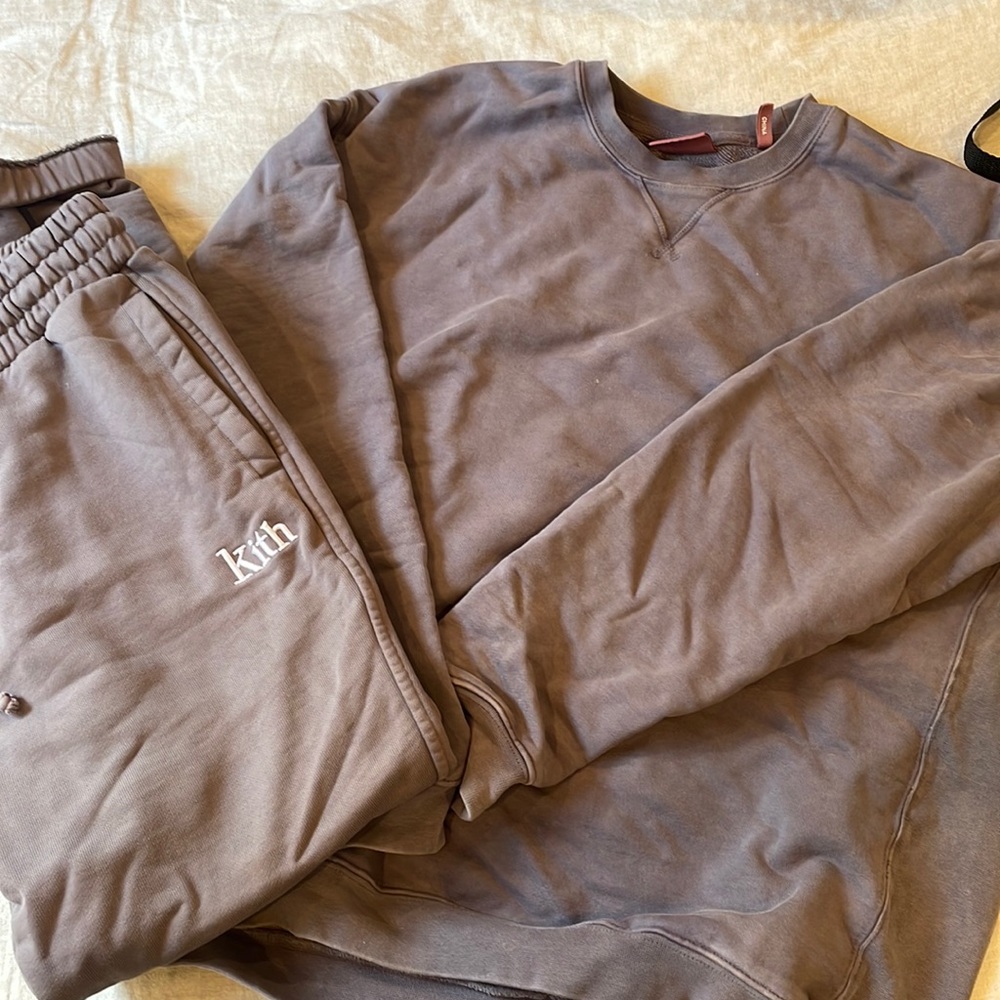 Kith men’s size small sweatshirt in purple and size XS men’s sweatpants.